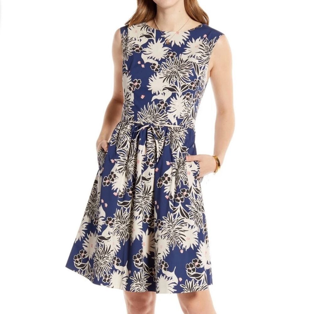 1901 NORDSTROM Fit Flare Dress Size 12 Blue Floral Sleeveless Cotton Blend